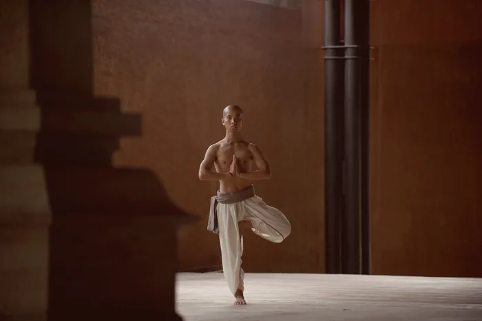 A practitioner balancing in tree pose inside a temple courtyard