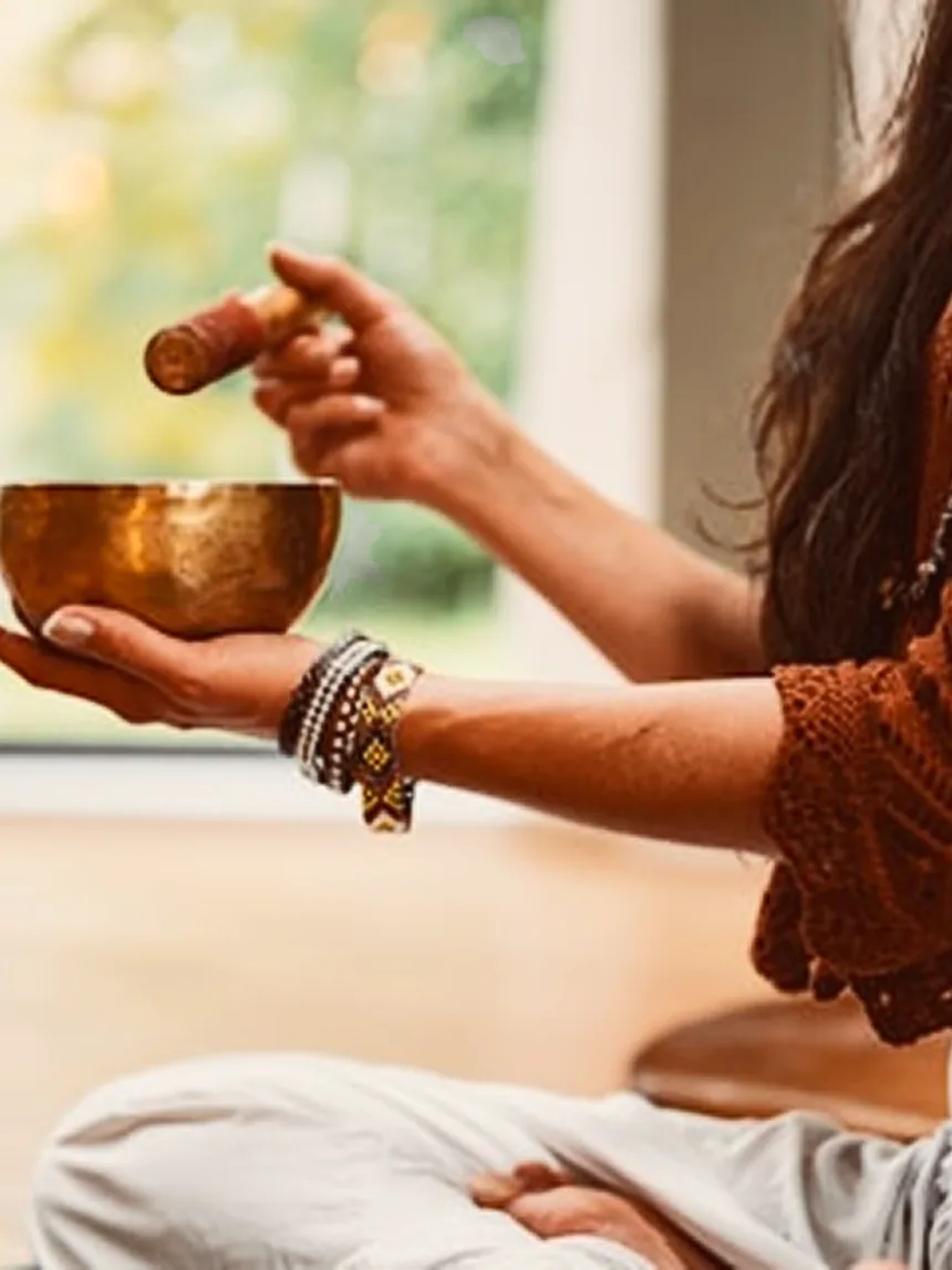 A practitioner holding a singing bowl during a sound healing session