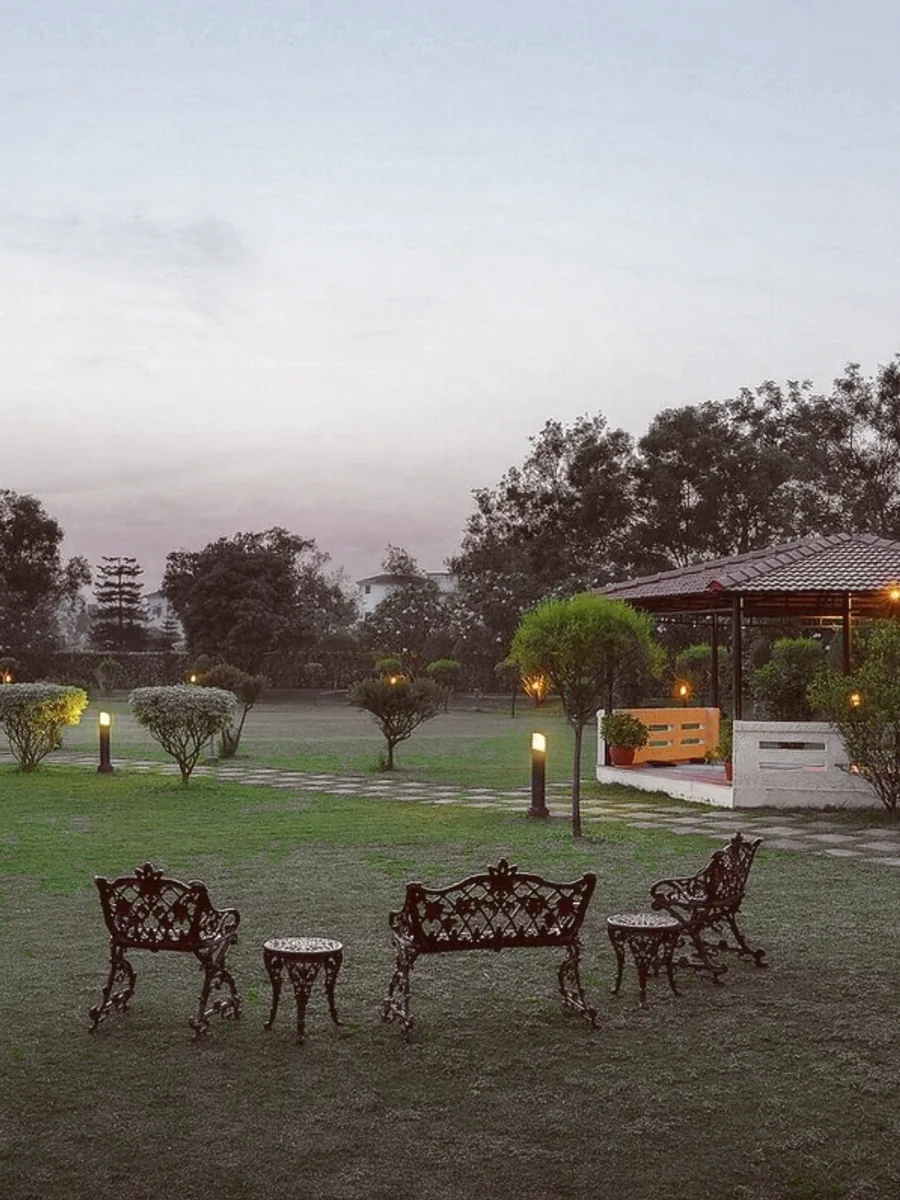 The lawn at Naturoville at dusk, seating out under the trees